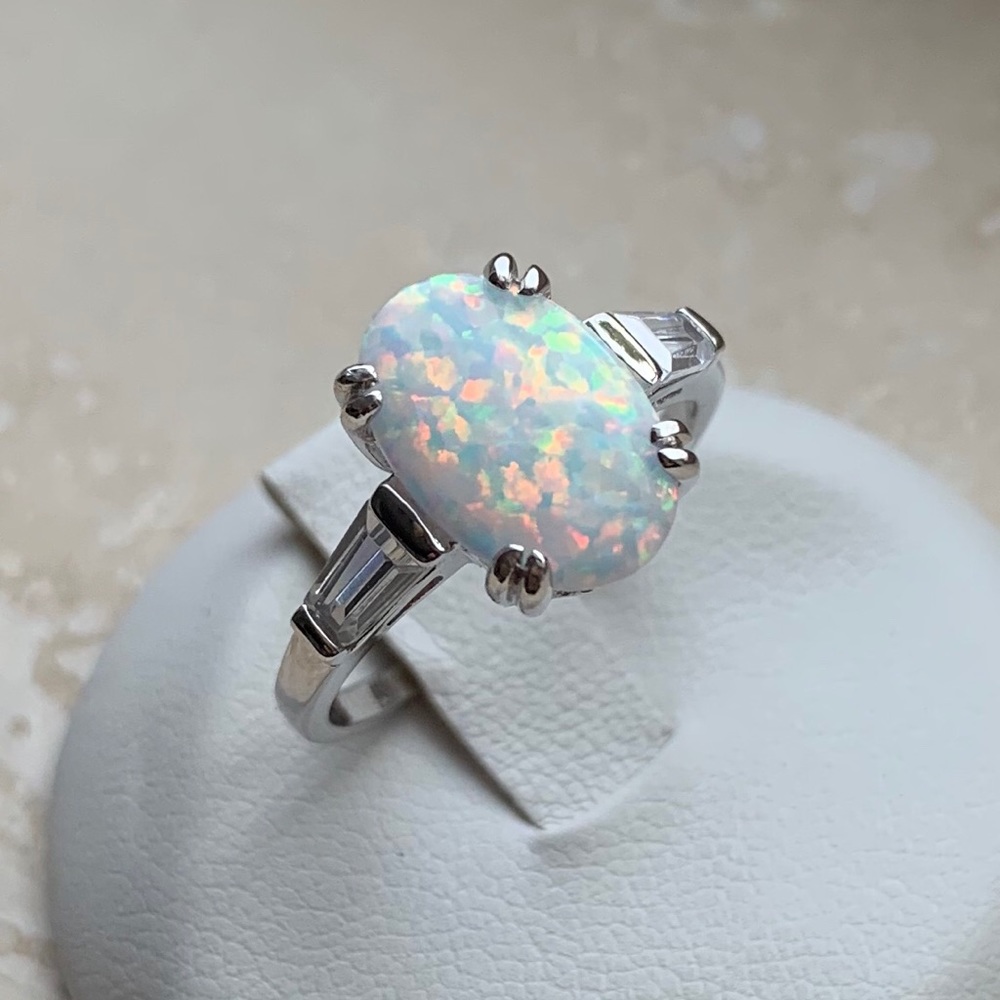 Sterling Silver Oval White Lab Opal Ring, Silver Rings, Wedding, Engagement